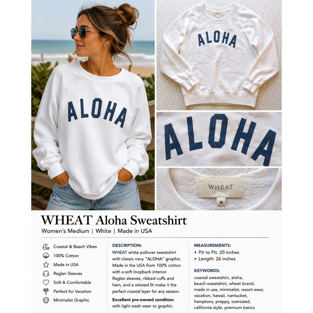 WHEAT Aloha Sweatshirt Womens Medium White Graphic Pullover Made in USA Cotton